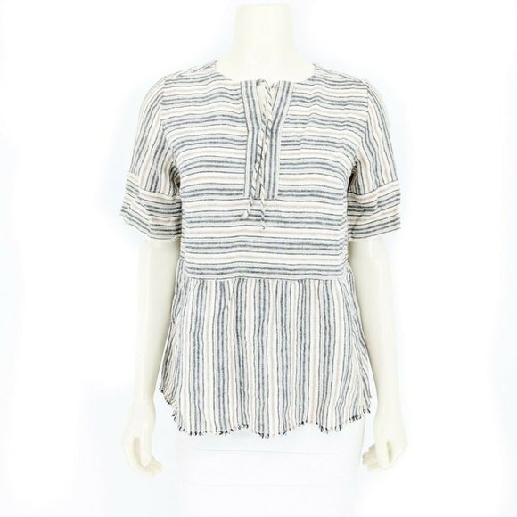 Denim & Co. Striped Blouse Top Fringe Detailing Neutral Tan Women's Size XXS - Picture 1 of 7